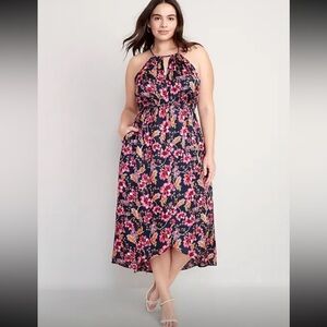 NWT Old Navy navy blue floral silky satin halter dress large